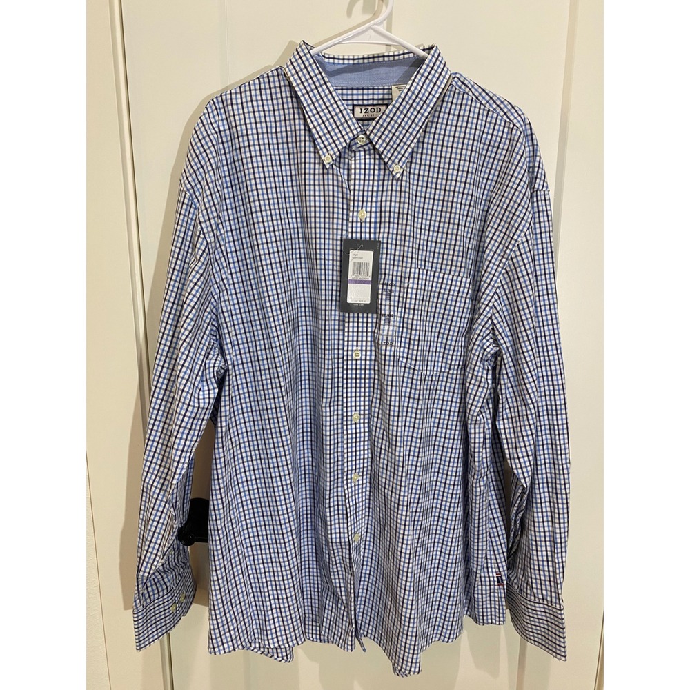 IZOD Mens XXL Long Sleeve Button Down Shirt Blue White Gingham Plaid 100% Cotton